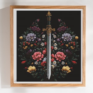 Mystical Sword Floral Pattern - Modern Colourful Cross Stitch - Digital PDF, Instant Download