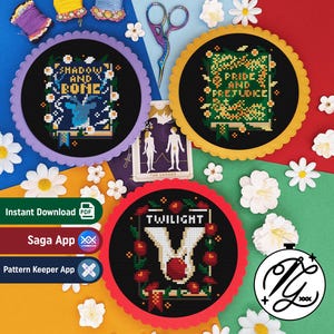 May include: Three circular cross-stitch projects in scalloped frames. One features Shadow and Bone, one Pride and Prejudice, and one Twilight. The designs are stitched on black fabric with colorful threads, surrounded by white flowers and embroidery scissors.