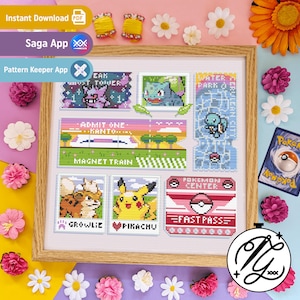 May include: A framed cross-stitch pattern featuring Pokemon characters and locations. The pattern includes images of Pikachu, Growlie, a Pokeball, and the Pokemon Center. The pattern is surrounded by a white border and a wooden frame.