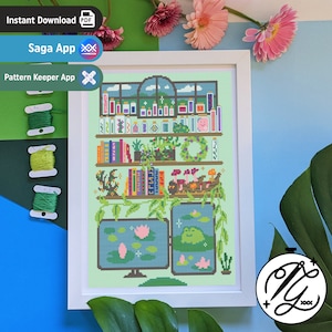 Peut inclure: Modèle de point de croix représentant une bibliothèque remplie de livres, de plantes et de flacons de potions. La bibliothèque est décorée d'une couronne et de champignons. Deux moniteurs d'ordinateur sont visibles à l'arrière-plan, chacun affichant une grenouille dans un étang.