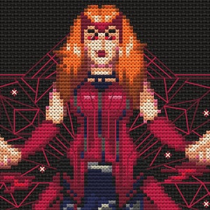 May include: A pixel art cross-stitch pattern of a woman with long red hair wearing a red dress and standing in front of a red and black geometric design.