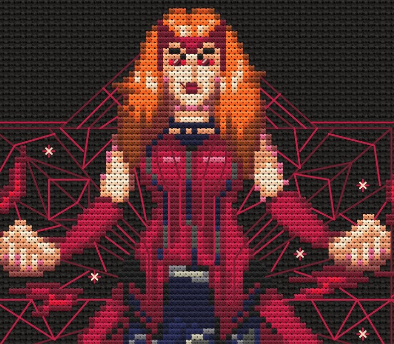 May include: A pixel art cross-stitch pattern of a woman with long red hair wearing a red dress and standing in front of a red and black geometric design.