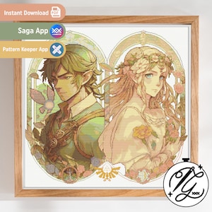 Può includere: Schema di ricamo a punto croce con un Link vestito di verde e una Zelda bionda della serie di videogiochi The Legend of Zelda. I personaggi sono circondati da disegni floreali e un simbolo Triforce.