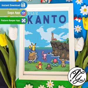 Visite Kanto Pokémon Pattern - Ponto Cruz Colorido Moderno - PDF Digital, Download Instantâneo