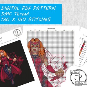 May include: A digital PDF cross-stitch pattern of the Scarlet Witch from Marvel Comics. The pattern is 130 x 130 stitches and uses DMC thread. The pattern includes a color key with DMC thread numbers and names.