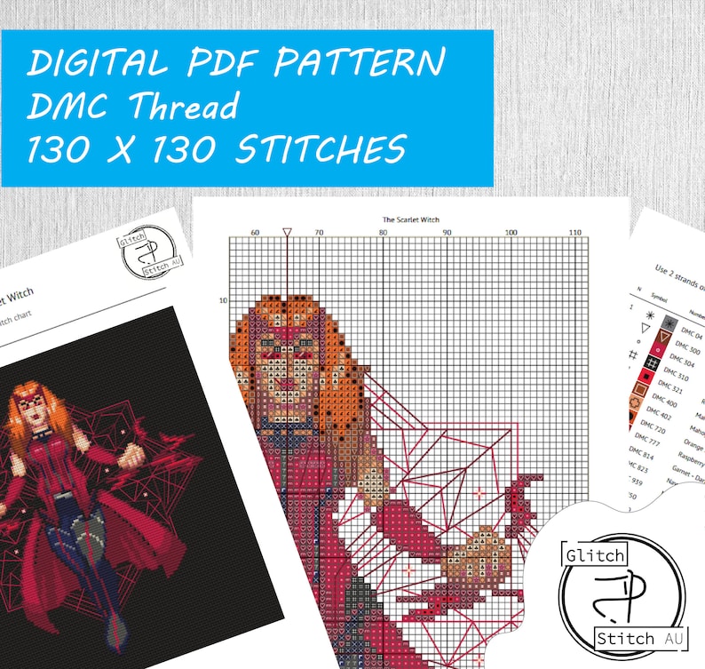 May include: A digital PDF cross-stitch pattern of the Scarlet Witch from Marvel Comics. The pattern is 130 x 130 stitches and uses DMC thread. The pattern includes a color key with DMC thread numbers and names.