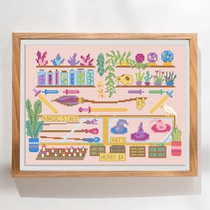 May include: A cross-stitch pattern of a magical shop with shelves filled with potions, wands, hats, and herbs. The sign above the shop reads "Magic Staff", "Hats", and "Herbs £1".