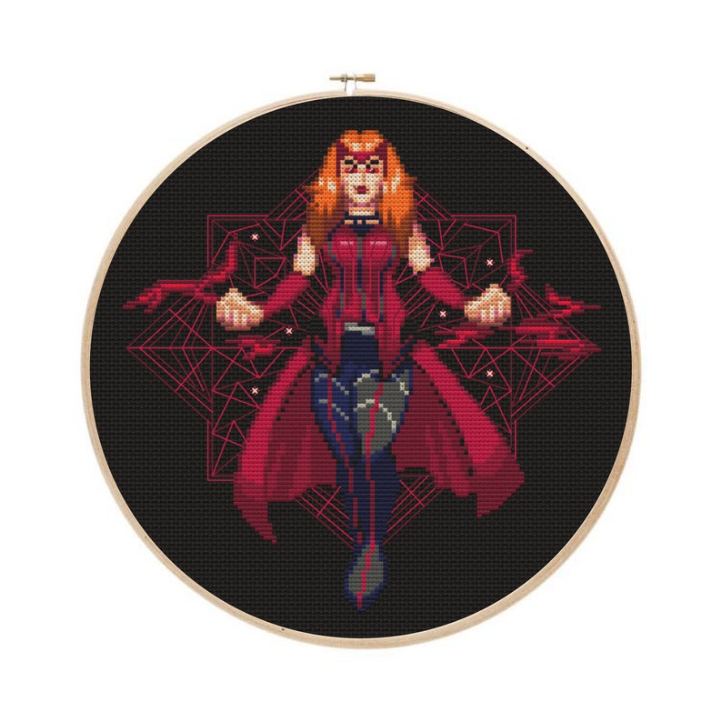 May include: A cross-stitch pattern featuring a red-haired woman in a red and black costume with a geometric design behind her.