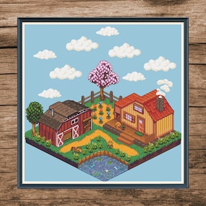 May include: A pixel art illustration of a farm scene with a red barn, a yellow house, a pink flowering tree, and a pond. The scene is set against a blue sky with white clouds.