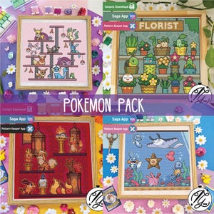 May include: Four framed cross-stitch patterns featuring Pokémon characters. One shows Pokémon on a cat tree, another depicts a florist scene, and the others showcase Pokémon in different settings. The text "POKEMON PACK" is visible.