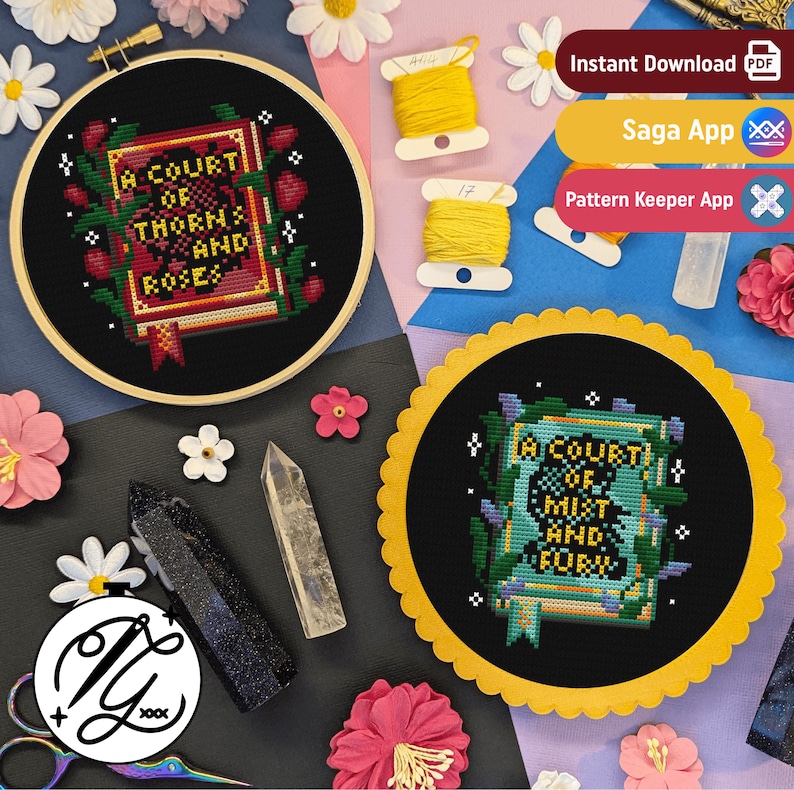 May include: Two circular embroidery hoops containing cross-stitch designs of book covers. One hoop features A Court of Thorns and Roses with red roses on black fabric. The other features A Court of Mist and Fury with green vines on black fabric.