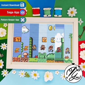 Puede incluir: Un punto de cruz enmarcado de una escena de videojuego clásico, con personajes y elementos pixelados. La obra de arte está en un marco blanco, rodeada de carretes de hilo y flores decorativas. La imagen incluye texto: "Instant Download PDF", "Saga App" y "Pattern Keeper App".