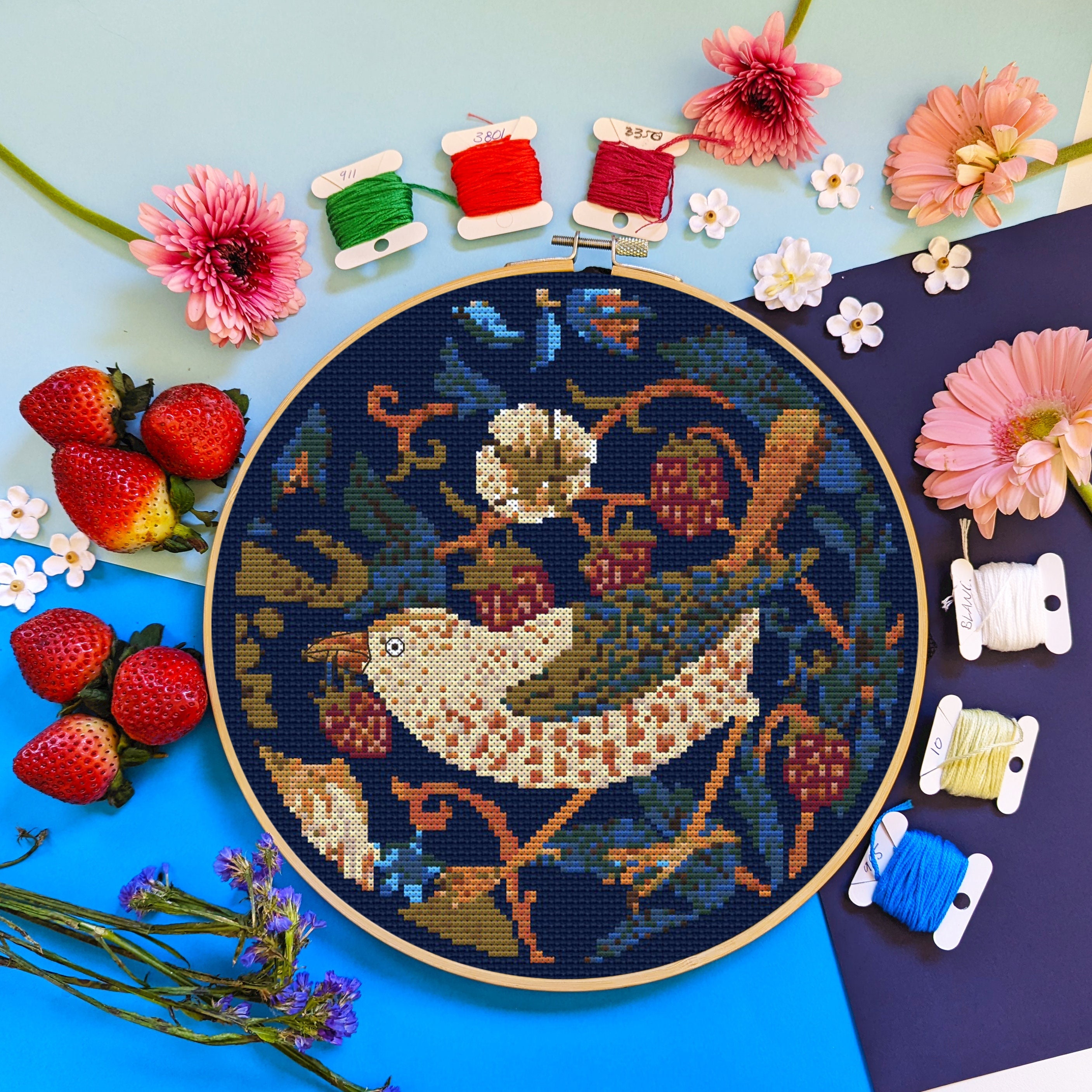 趣味・おもちゃ ウィリアムモリス“いちご泥棒”DMCクロスステッチ刺繍枠