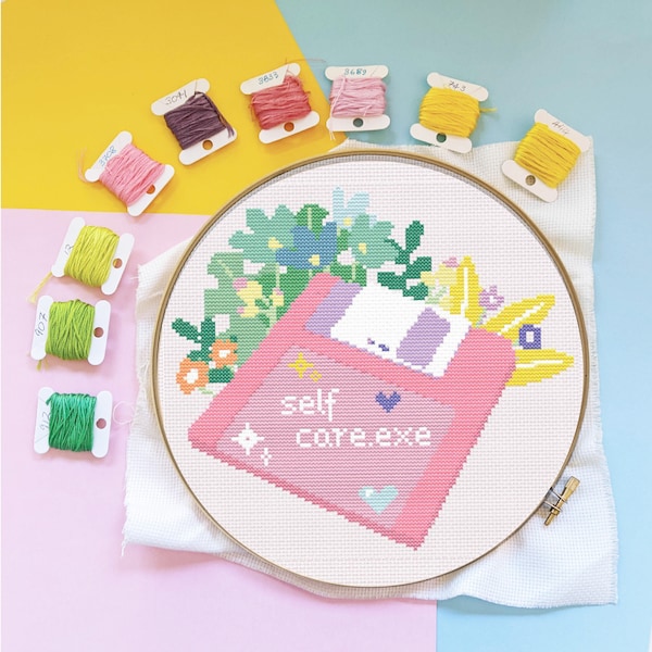 Floppy Disk Self Care Floral Pattern - Modern Colourful Cross Stitch - Digital PDF, Instant Download