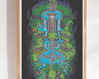 May include: A framed pixel art print depicting a fantasy landscape with a stone tower, waterfalls, and a flowing river. The artwork features lush green trees, rocks, and a dark background. The print is in a wooden frame.