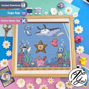 May include: A cross-stitch pattern featuring Pokemon characters in a blue underwater scene. The pattern includes Squirtle, Psyduck, a Starmie, a Gyarados, and a heart. The pattern is framed in a light wood frame.