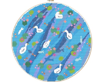 Duck Pond Pattern - Modern Colourful Cross Stitch - Digital PDF, Instant Download