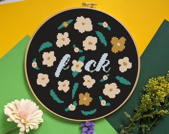 F*ck Floral Pattern - Modern Colourful Cross Stitch - Digital PDF, Instant Download