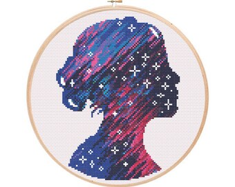 Neon Space Shooting Star Girl -  Modern Colourful Cross Stitch - Digital PDF, Instant Download