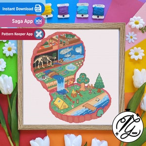 May include: A cross-stitch pattern of a pixelated island with a waterfall, a campfire, a tent, a dock, a house, a museum, and a fish tank. The pattern is framed in a light brown frame. The text "Saga App" and "Pattern Keeper App" is visible in the image.