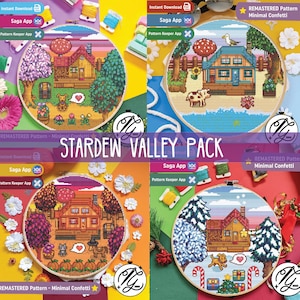 Puede incluir: Cuatro bastidores de bordado de punto de cruz con escenas de Stardew Valley. Cada bastidor muestra una estación diferente con casas, árboles y animales pixelados. El texto "STARDEW VALLEY PACK" es visible. Los bastidores están rodeados de materiales de manualidades.