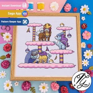 Könnte beinhalten: Kreuzstichmuster mit einer Gruppe von Pokémon-Charakteren, darunter ein braunes und weißes Evoli, ein lila und blaues Espeon, ein braunes und weißes Umbreon und ein braunes und weißes Flareon, auf einer rosa und weißen wolkenförmigen Plattform.