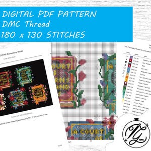 May include: A digital PDF cross stitch pattern featuring book designs with floral accents. The document includes a grid chart, a DMC thread color key, and the text "DIGITAL PDF PATTERN DMC Thread 180 x 130 STITCHES" at the top of the page.