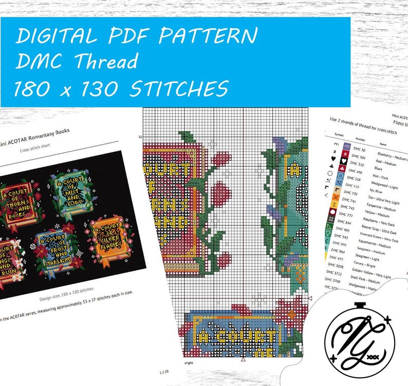 May include: A digital PDF cross stitch pattern featuring book designs with floral accents. The document includes a grid chart, a DMC thread color key, and the text "DIGITAL PDF PATTERN DMC Thread 180 x 130 STITCHES" at the top of the page.