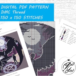 May include: A digital PDF cross-stitch pattern with a celestial theme, featuring a full moon and silhouettes. The pattern is designed for DMC thread and measures 150 x 150 stitches. Includes a color chart and floss key.