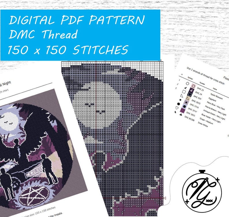 May include: A digital PDF cross-stitch pattern with a celestial theme, featuring a full moon and silhouettes. The pattern is designed for DMC thread and measures 150 x 150 stitches. Includes a color chart and floss key.