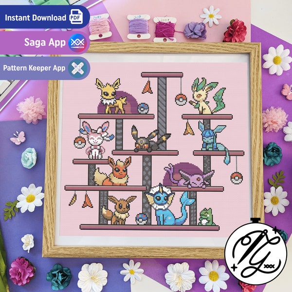 Eeveelutions Café Pattern - Modern Colourful Cross Stitch - Digital PDF, Instant Download