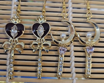 Sailor Moon Scepter Crescent Moon Wand Dangle Earrings