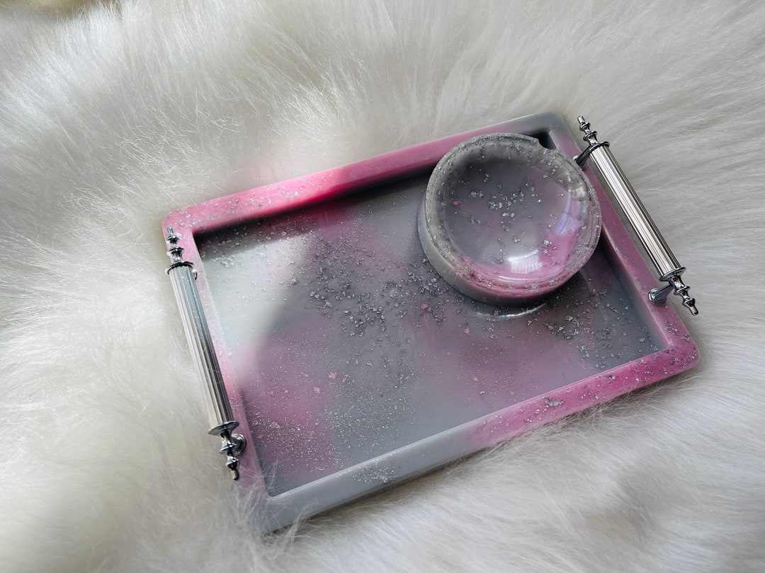 Silver Resin Rolling Tray With Handles, Custom Marble Resin Rolling Tray Set, Ash Tray Matching