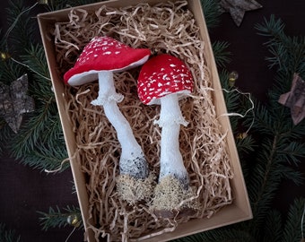 Set of 2 Handcrafted Textile Mushrooms, Home decor, Mushroom decor, Cottagecore decor, Gift for her, Christmas ornaments, Holiday ornament