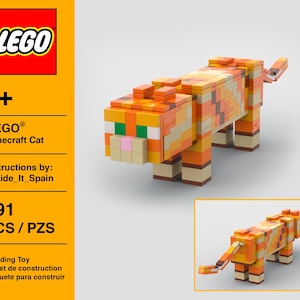 Könnte beinhalten: Ein LEGO Minecraft Cat Bauspielzeug, hauptsächlich orange, beige und braun, mit grünen und rosa Akzenten. Das Set enthält 391 Teile und ist für Kinder ab 9 Jahren geeignet. Das LEGO-Logo ist sichtbar. Ein kleineres Bild der Katze ist ebenfalls enthalten.