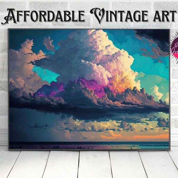 Vintage Neutral Cloud Painting | Landscape Print | Mid-century Modern Wall Art Digital | Cloud painting original art | Cloud painting print