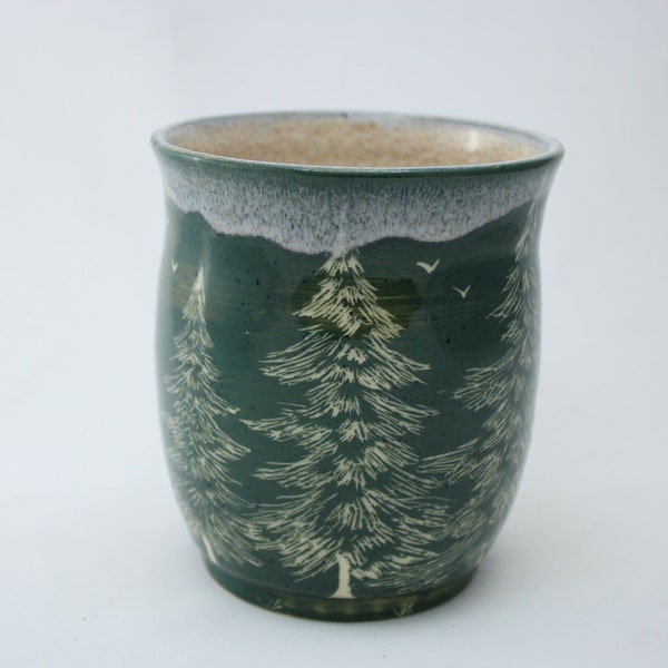 Handmade Sgraffito pine tree pottery container