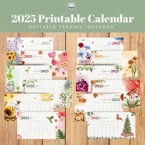 Calendrier 2025 imprimable, élégant calendrier 2025, calendrier mural PDF, calendrier modifiable, agenda mensuel, calendriers d&#39;école à la maison, animé