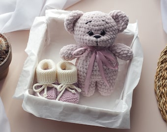 Handmade Crochet Baby Gift Set, Amigurumi Teddy Bear Plush Toy, and Merino Wool Booties, Perfect Pregnancy or Newborn Gift, Handmade Gift