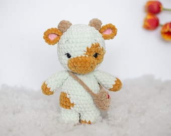 Handmade Crochet Little Cow Plush, Baby Cow Amigurumi Toy, Honey Cow Custom Plushie, 25cm Christmas Gift for Kids, Handmade Cow Gift Box