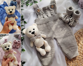 Handmade Knitted Gift Set, Crochet Plush Toy Rattle, Grey Pink Blue Colors, Baby Gift with Knitted Grey Boots and Romper, Ready to Gift Box