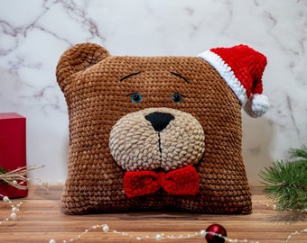 Handmade Christmas Crochet Teddy Bear Pillow, Brown Plush Holiday Home Decor, Perfect Gift Set for Babies and Home Decorations, Gift for Her