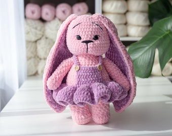 Handmade Bunny with Dress, Knitted Amigurumi Rabbit in Pink and Purple, Cute Long Eared Bunny Plush Toy, handmade plishie toy, birthday gift