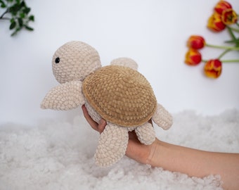 Tortue faite main au crochet, peluches amigurumi couleur bonbon, jouet de collection fait main, cadeaux de Noël uniques pour enfants, grosse tortue duveteuse 30 cm