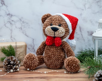 Handmade Crochet Christmas Teddy Bear, Amigurumi Toy, Festive Holiday Decoration,  Birthday Gift, Christmas Gift for Kids, Holiday Gift Box