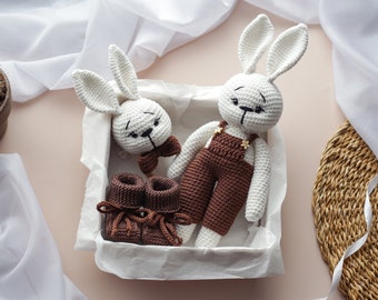 Handmade Bunny Baby Gift Box, Perfect for Pregnant or Newborn Baby gift, Crochet Baby Booties, Merino Wool Knitted Booties Amigurumi Rattle