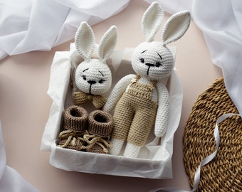 Handmade Crochet Bunny Plush Toy Gift Set, Brown Plush Rabbit, Knitted Baby Booties, Amigurumi Rattle plush, Perfect Gift Box for Kids baby