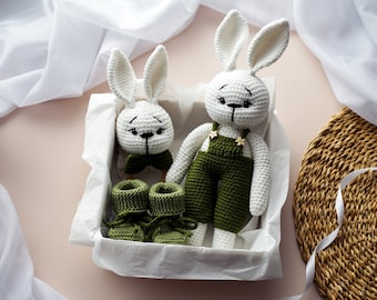 Handmade Crochet Bunny Gift Box, Amigurumi Bunny Doll Set with Green Merino Shoes, Knitted Toy, Perfect Baby Gift, Special Occasion Present
