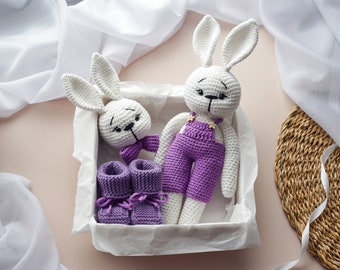 Handmade Crochet Purple Bunny Gift Set, Newborn Baby Girl Shower Gift, Amigurumi Rattle and Bunny Toy Set, Handmade Birthday Gift for Babies