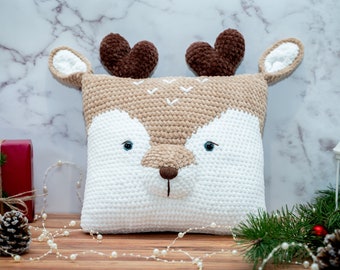 Christmas handmade deer pillow, Crochet unique pillows, Holiday season home decor set, Christmas gift idea, Festive plushie home decoration